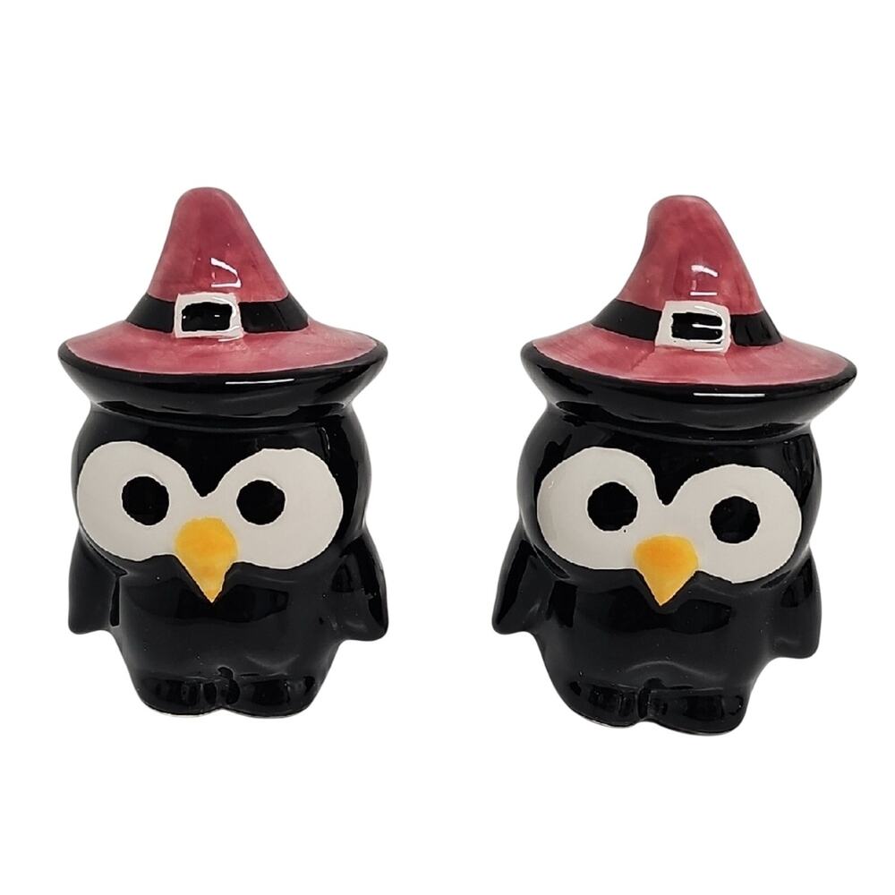 Halloween Black Owls with Pink Witch Hats Ceramic Salt n Pepper Shakers Collect